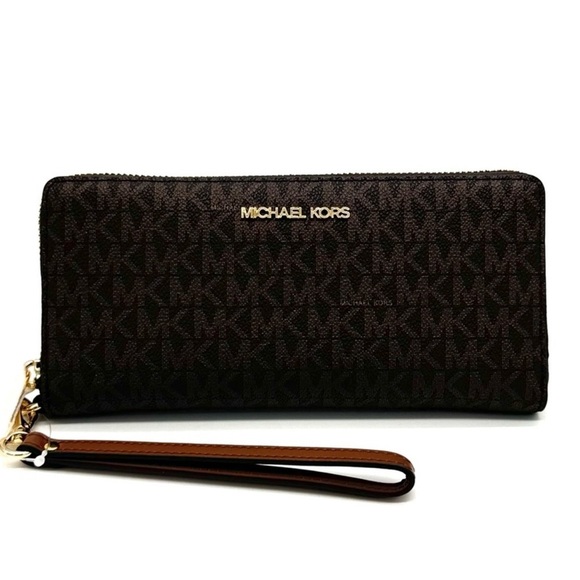 Michael Kors Large Travel Continental Wallet Wristlet Brown/Gold - Picture 2 of 10